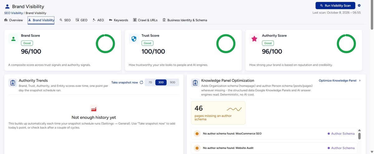 VuloPilot brand, trust and authority scores with knowledge panel optimization