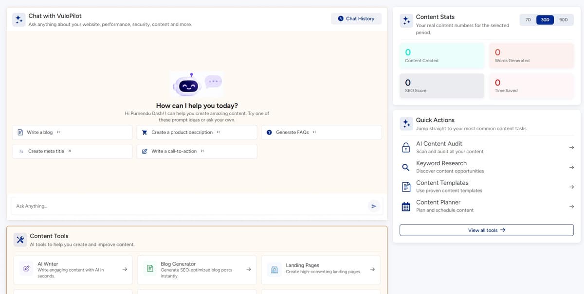 VuloPilot content page with AI chat, content stats and writing tools