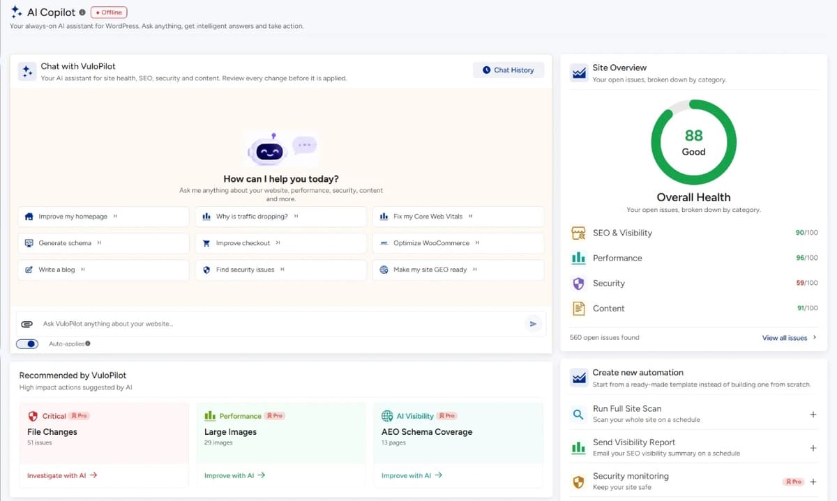 VuloPilot AI Copilot chat with suggested prompts and recommended actions