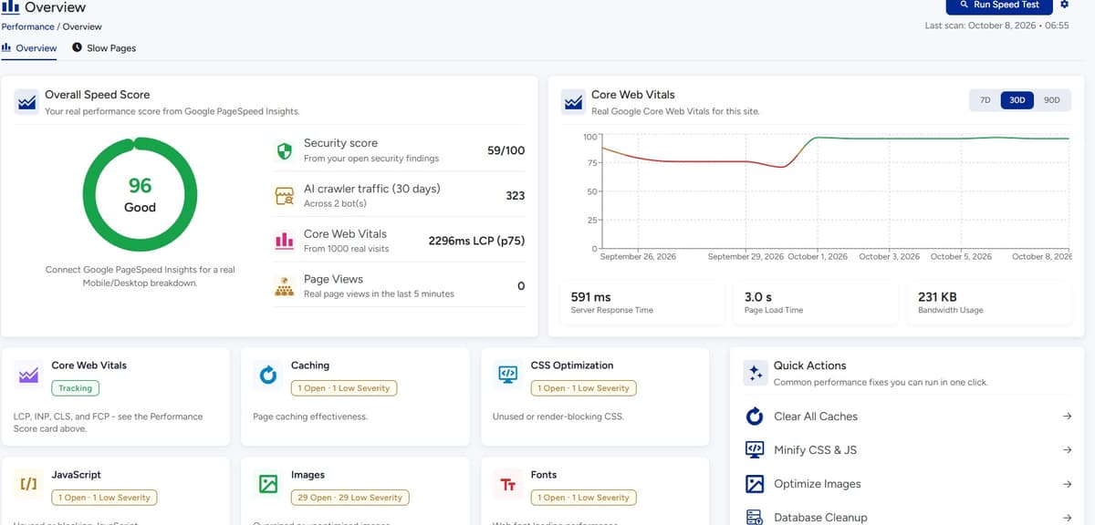 VuloPilot performance overview with speed score, Core Web Vitals and quick actions