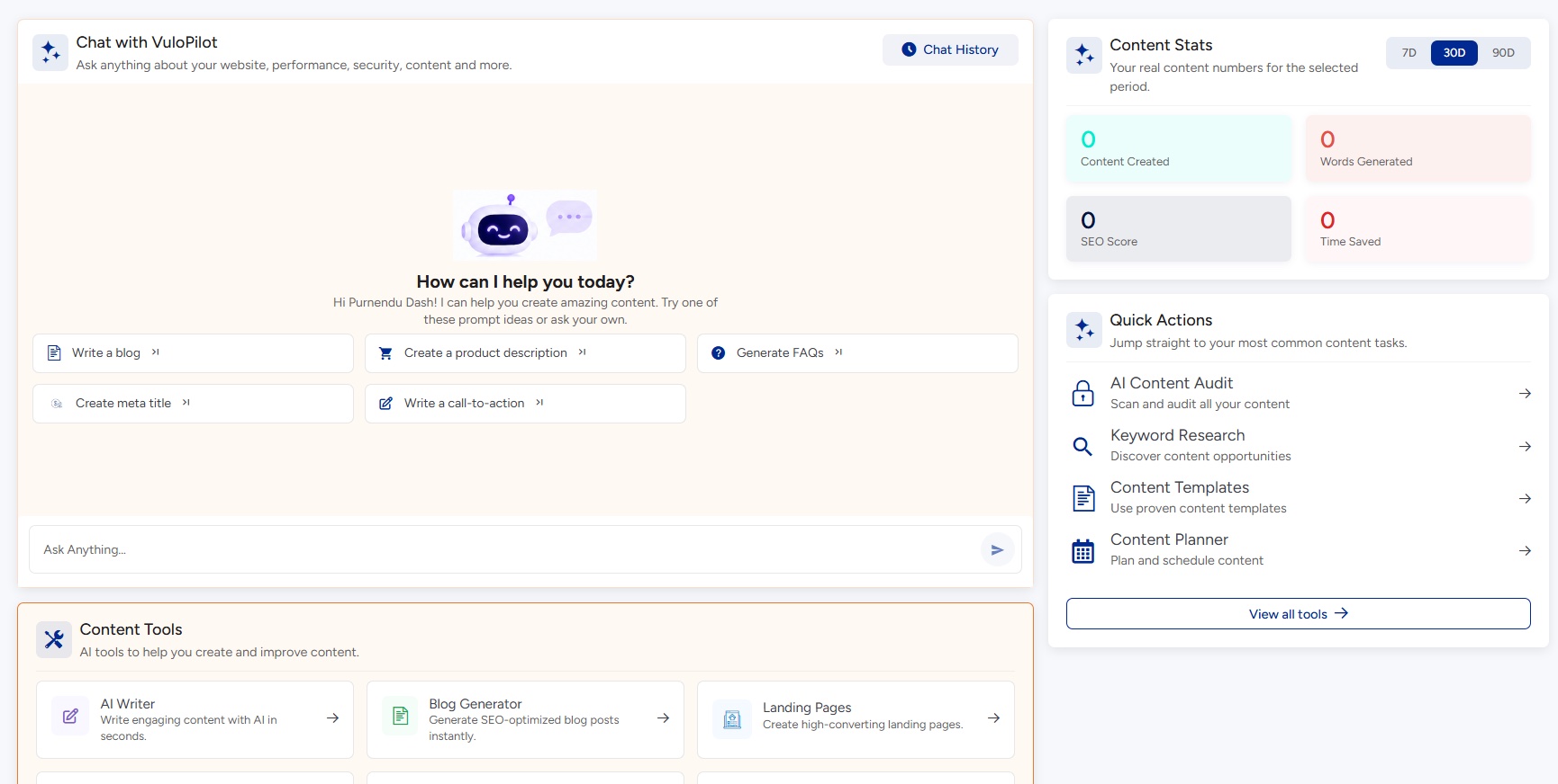 VuloPilot content page with AI chat, content stats and writing tools