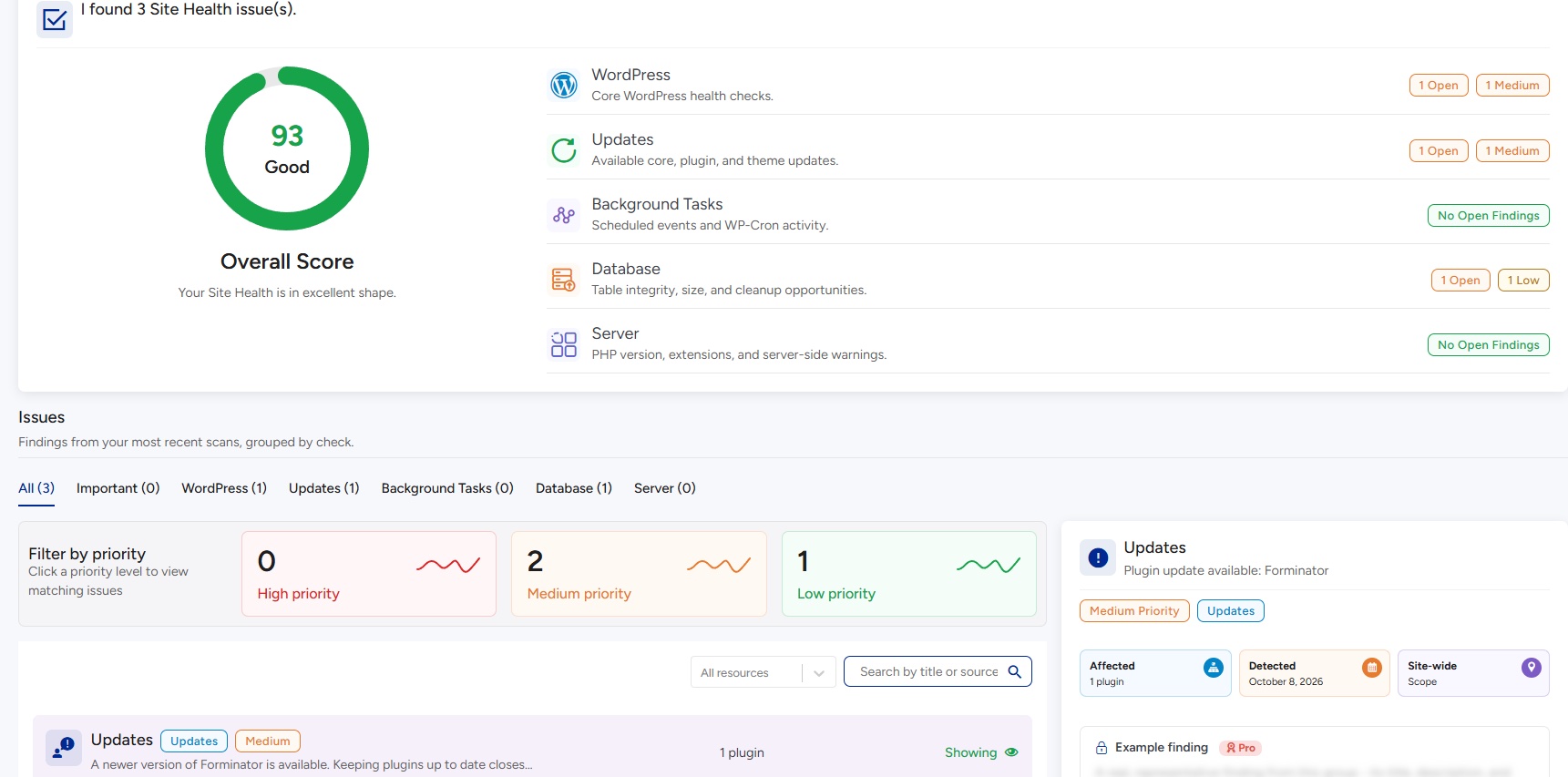 VuloPilot site health score with WordPress, updates, database and server checks